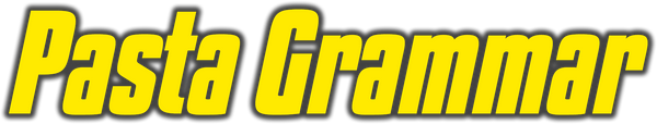 The phrase “Pasta Grammar” in yellow with a black outline.